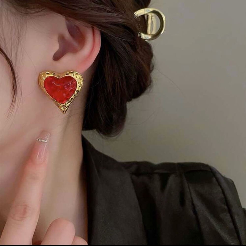 Gold-Tone Heart Stud Earrings with Red Enamel